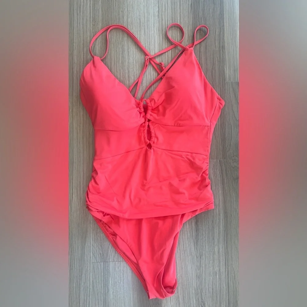 La Blanca Flattering Island Goddess Lace-Up One-Piece Swimsuit Guava Size 14 - Picture 2 of 8